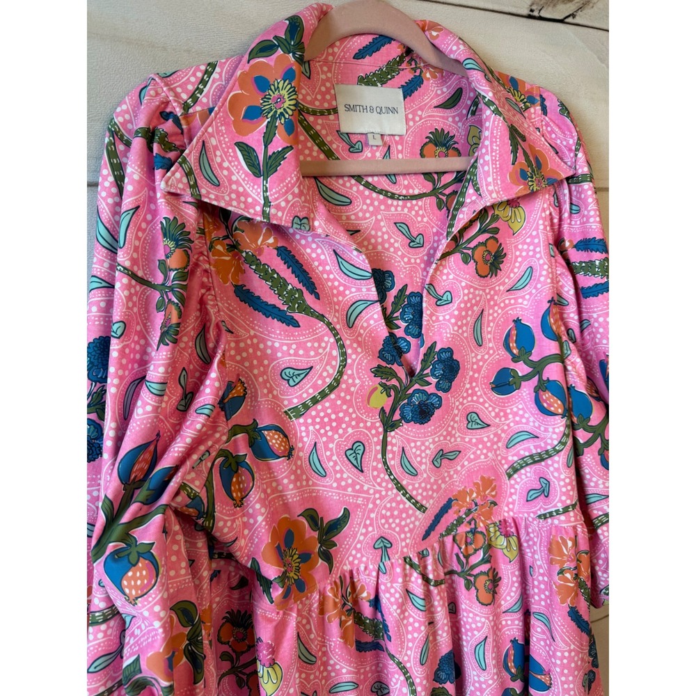 Smith & Quinn Pink Paisley Floral Mini Dress Puff Sleeve Babydoll Womens Large - Picture 2 of 5